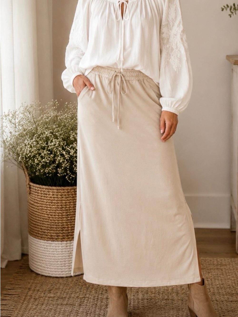 Relaxed Drawstring Maxi Skirt in Light Beige